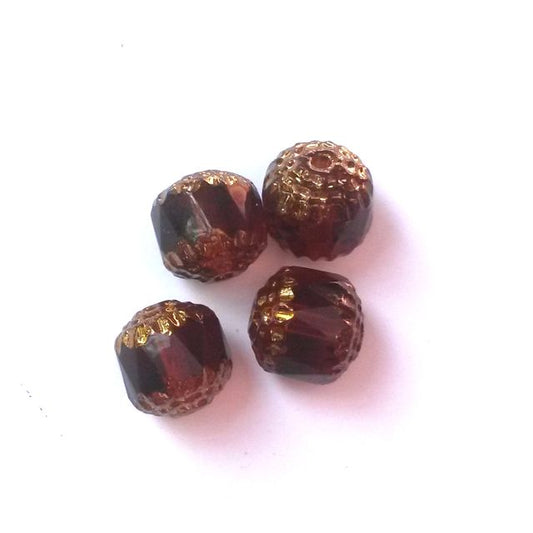 Cathedral Czech Glass Bead Barrel 10mm Dark Topaz Gold Crown