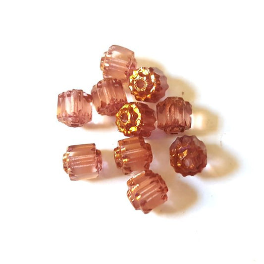 Czech Cathedral Czech Glass Bead 6mm Pink Transparent Bronze Crown Barrel - Pack of 10