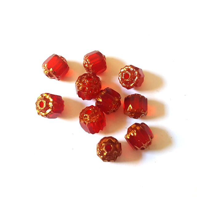 Cathedral Czech Glass Bead Barrel 6mm Red Transparent Gold Crown - Pack of 10