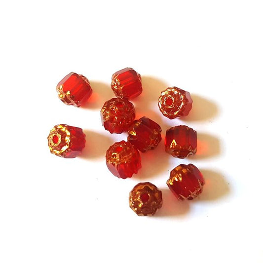 Cathedral Czech Glass Bead Barrel 6mm Red Transparent Gold Crown - Pack of 10