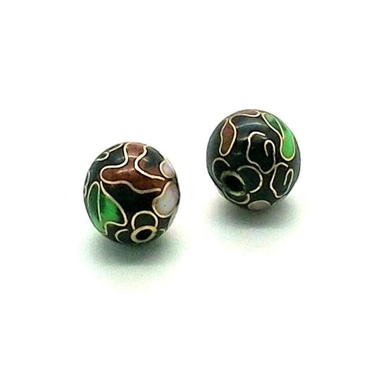 Cloisonne Metal Bead 12mm Round Black Floral