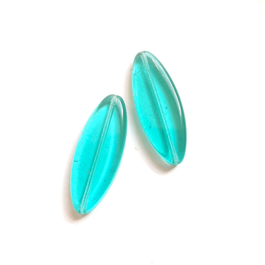 Teal Transparent Petal Pointed Oval Spindle 30x11mm Czech Glass Bead