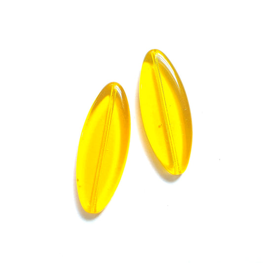Yellow Transparent Petal Pointed Oval Spindle 30x11mm Czech Glass Bead