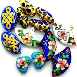 Cloisonne Metal Bead 14x24mm Fan Royal Blue Gold