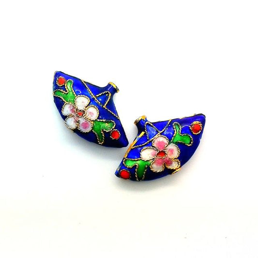 Cloisonne Metal Bead 14x24mm Fan Royal Blue Gold