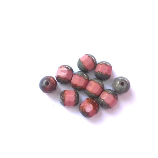 Cathedral Czech Glass Bead Barrel 8mm Opaque Pink Picasso Crown - Pack of 10