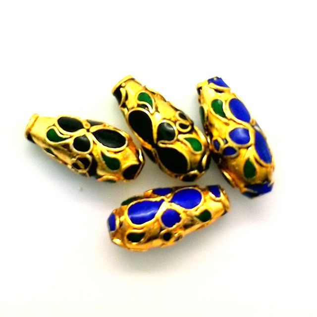 Cloisonne Metal Bead 16x7mm Floral Drop Black Jade Gold