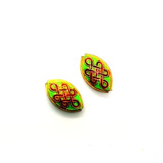 Cloisonne Metal Bead 20x12mm Flat Oval Geometric Lime Green