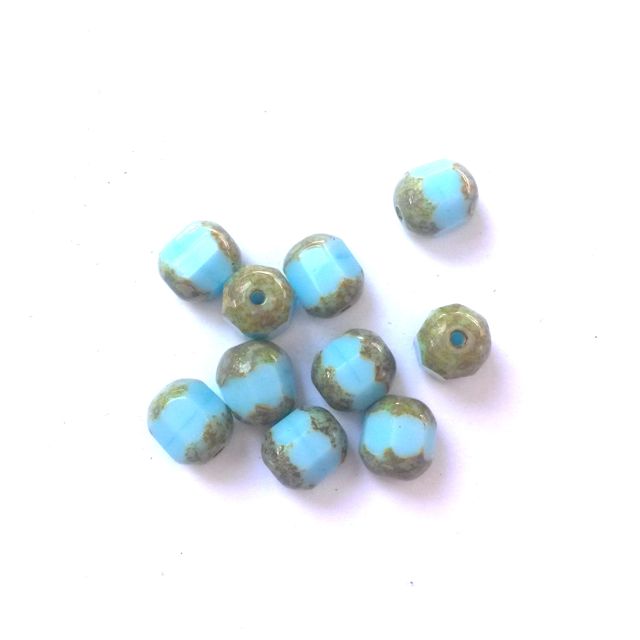 Cathedral Czech Glass Bead Barrel 8mm Opaque Turquoise Picasso Crown - Pack of 10