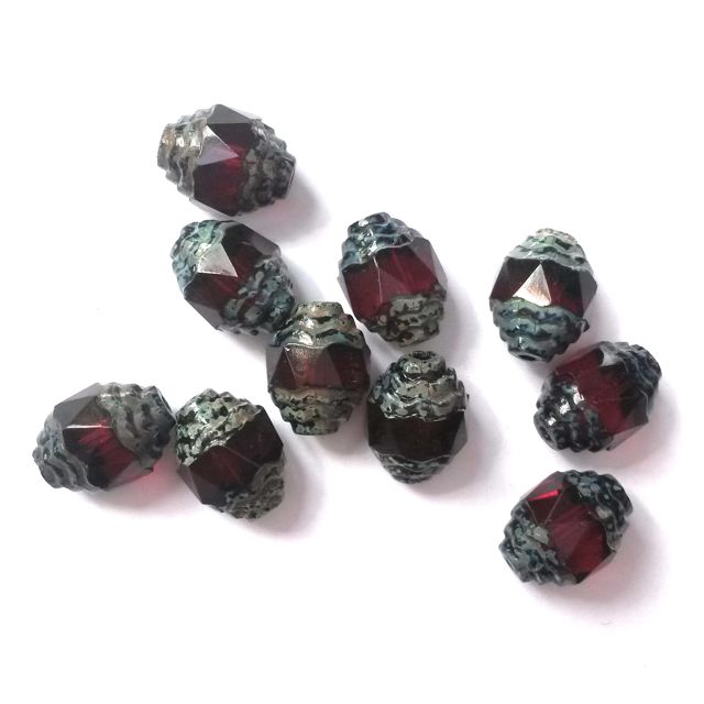 Cathedral Czech Glass Bead 10x8mm Lantern Garnet Transparent Picasso Crown