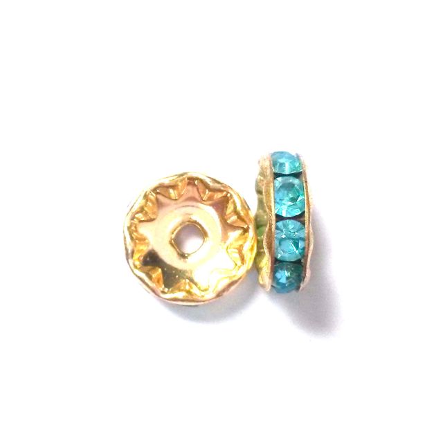 Rhinestone Rondell 10mm Aquamarine Gold Czech Crystal