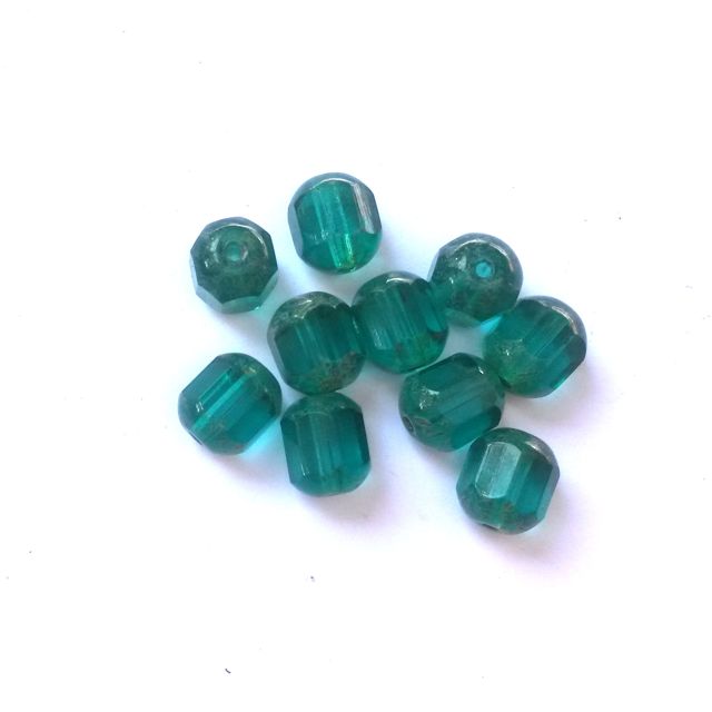 Cathedral Czech Glass Bead Barrel 8mm Transparent Teal Picasso Crown - Pack of 10