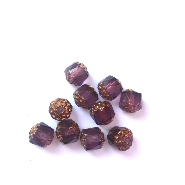 Cathedral Czech Glass Bead Barrel 8mm Transparent Amethyst Bronze Crown - Pack of 10