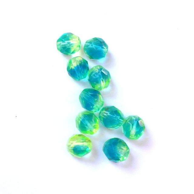8mm Two Colour Lime Teal Czech Firepolished Glass Bead