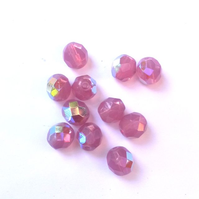8mm Pink Opalino AB Czech Fire Polished Glass Bead