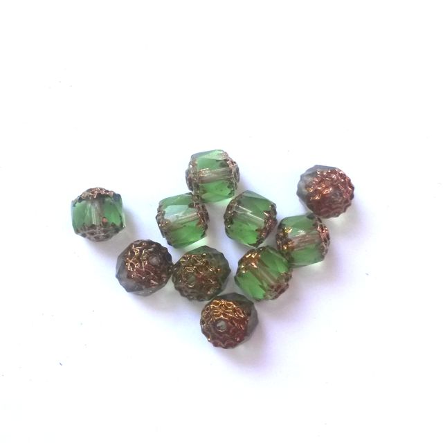Cathedral Czech Glass Bead Barrel 8mm Transparent Mint Bronze Crown - Pack of 10