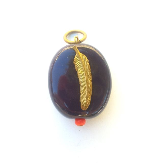 Boho Beaded Embellished Pendant Kazuri Ceramic Feather Aubergine Coral