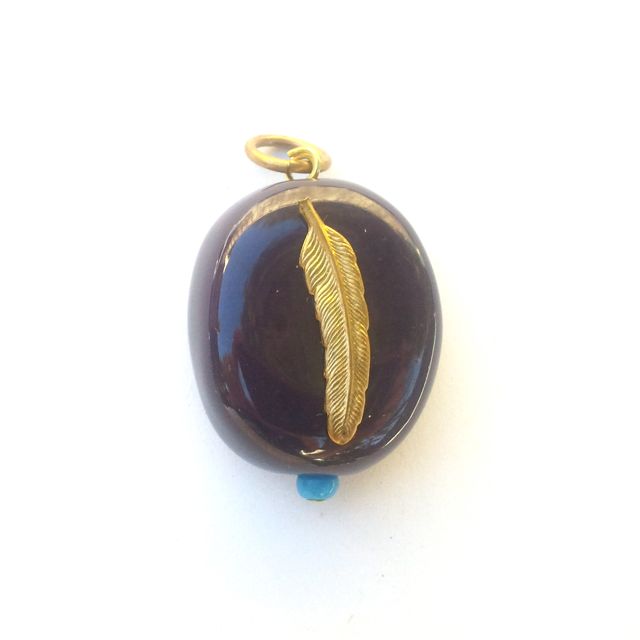 Boho Beaded Embellished Pendant Kazuri Ceramic Embellished Feather Aubergine Turquoise