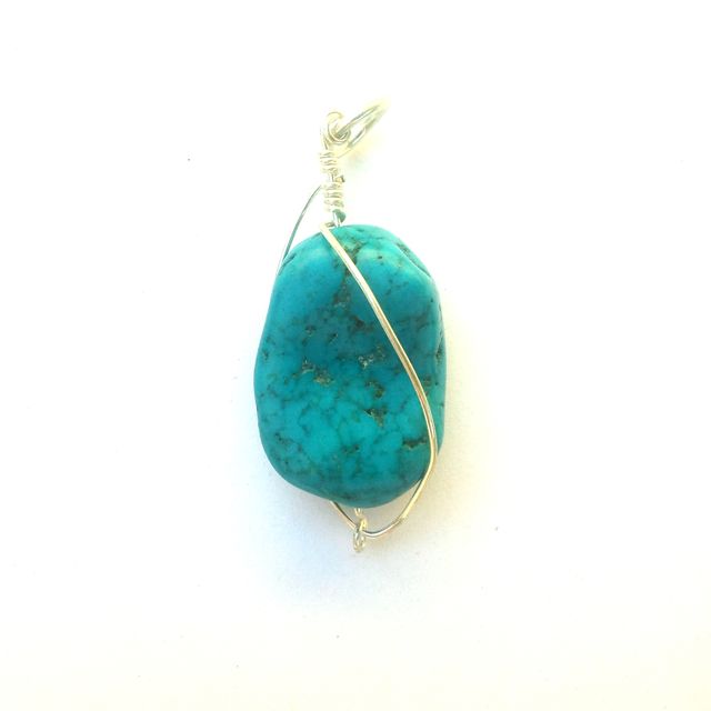 Boho Beaded Pendant Wrapped Stone Turquoise Nugget Silver
