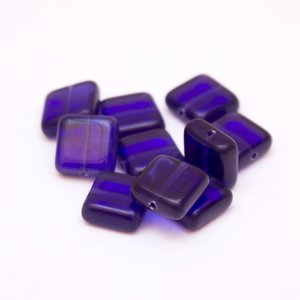 Square Tile 10x10mm Royal Blue Transparent Czech Glass Bead - Pack of 10