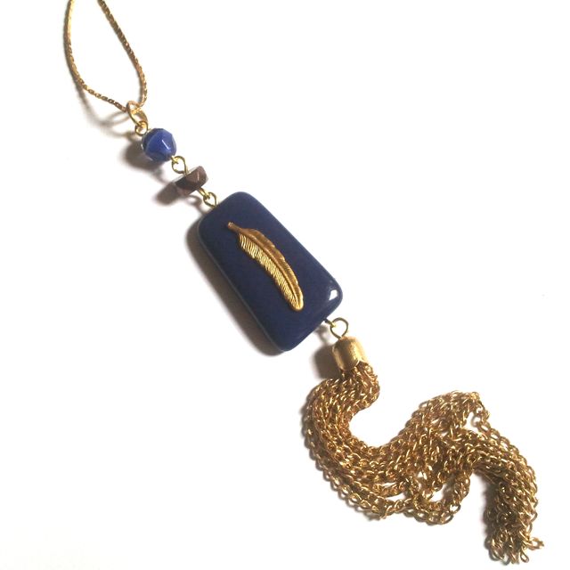 Boheme Pendant Feather Embelllished Gold Chain Tassel Lapis