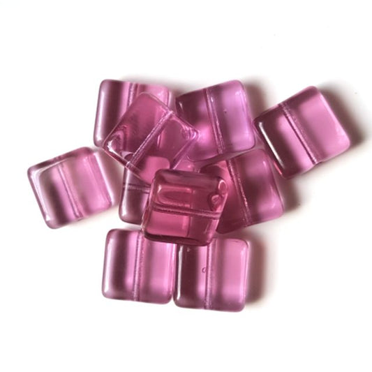 Square Tile 10x10mm Rose Pink Transparent Czech Glass Bead - Pack of 10