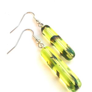 Czech Glass Tube Drop Earrings Zebra Chartreuse