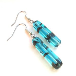 Czech Glass Tube Drop Earrings Animal Print Zebra Aqua