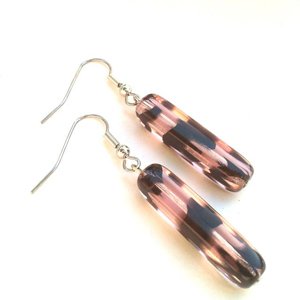 Czech Glass Tube Drop Earrings Animal Zebra Print Pink