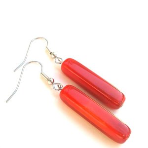 Czech Glass Tube Drop Earrings Red Opalino