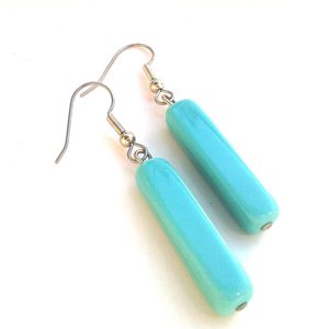 Czech Glass Tube Drop Earrings Turquoise Blue