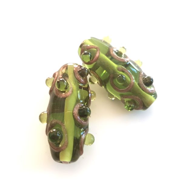 Handmade Czech Aventurine Glass Bead Caterpillar Olive 25x10mm