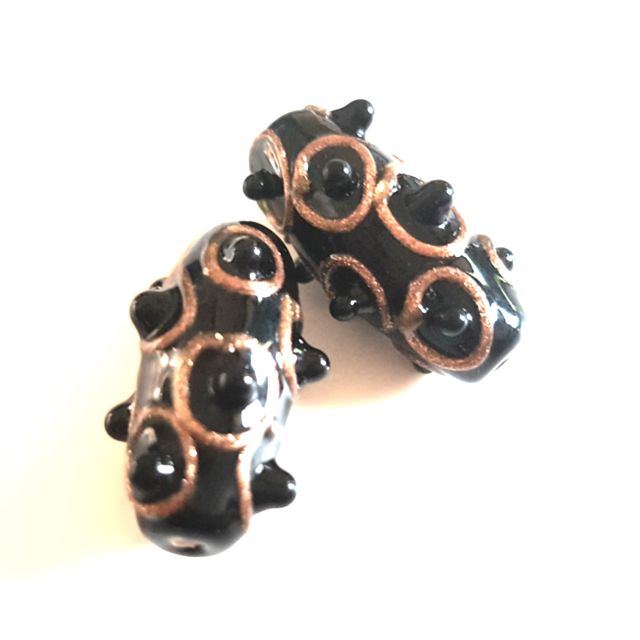Handmade Czech Aventurine Glass Bead Caterpillar Black 25x10mm