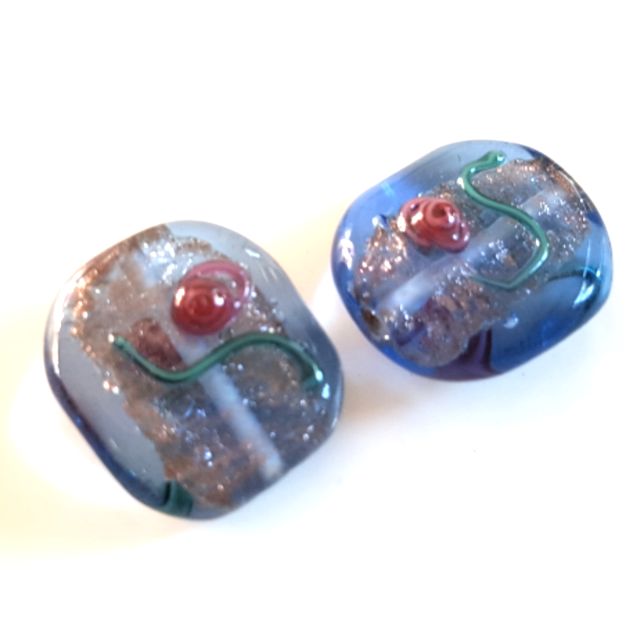 Handmade Glass Floral Aventurine Coin Blue 16x14mm