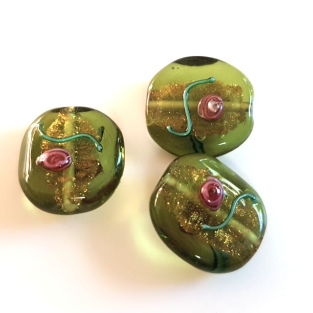 Handmade Glass Floral Aventurine Coin Olive 16x14mm