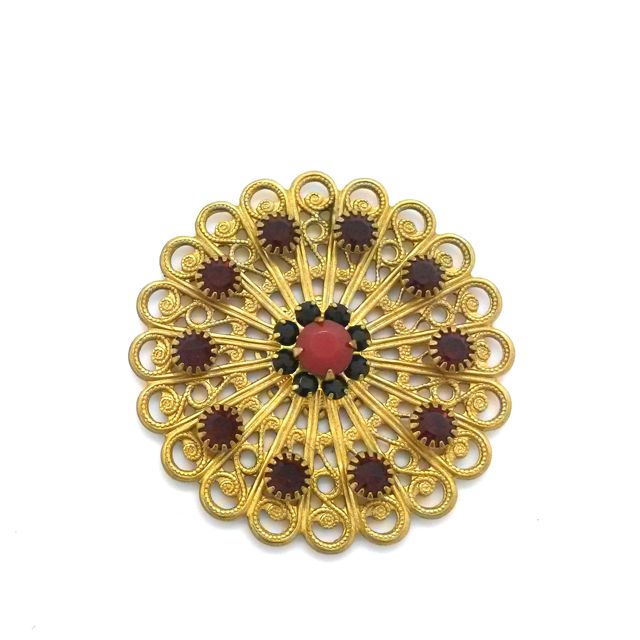 Swarovski Embellished Filigree Doily Red Black Brass 38mm