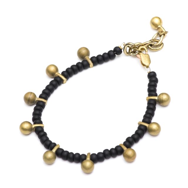 Boheme Beaded Matt Black w Brass Dangles Bracelet