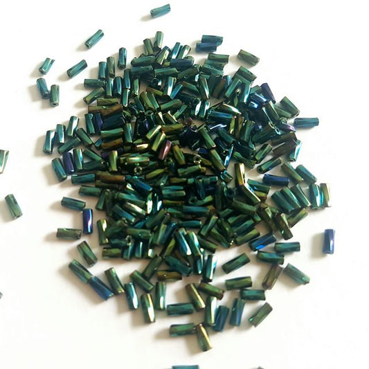 Bugle Bead Czech Glass Green Iris Twisted 2' 4mm