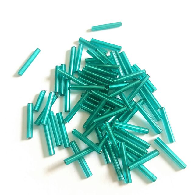 Bugle Bead Czech Glass Teal Silver Lined 15mm