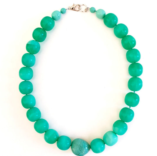 Chunky Glass Aqua Necklace with Turquoise Stone Accent