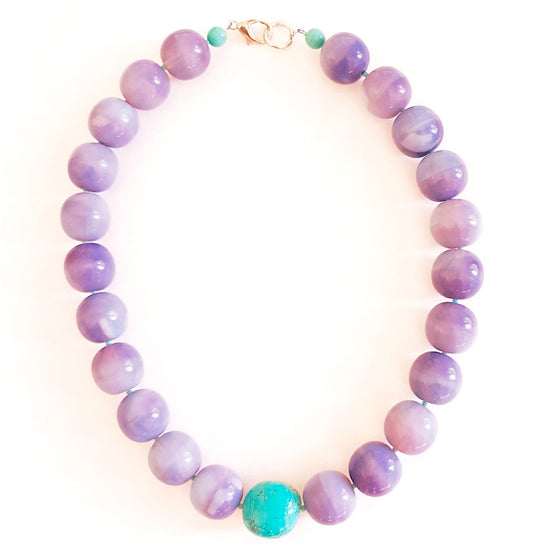 Chunky Glass Mauve Necklace with Turquoise Stone Accent