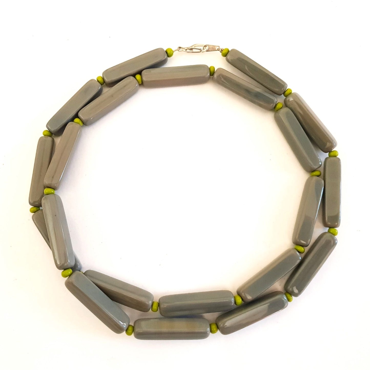 Colour Pop Bullet Grey Glass Necklace with Chartreuse Accent Beads