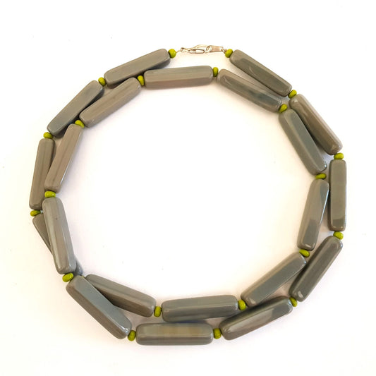 Colour Pop Bullet Grey Glass Necklace with Chartreuse Accent Beads