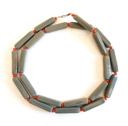 Colour Pop Bullet Grey Glass Necklace with Coral Accent Beads