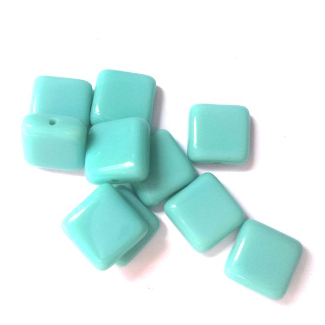 Square Tile 10x10mm Aqua Blue Opaque Czech Glass Bead - Pack of 10