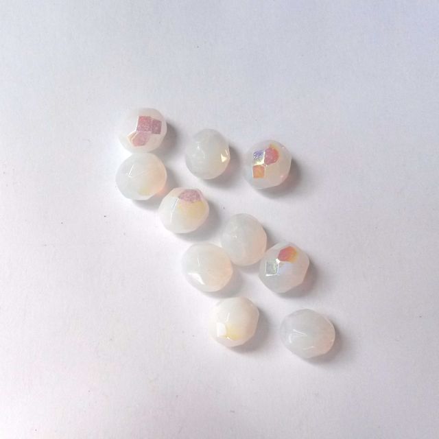 8mm White Opalino AB Czech Fire Polished Glass Bead