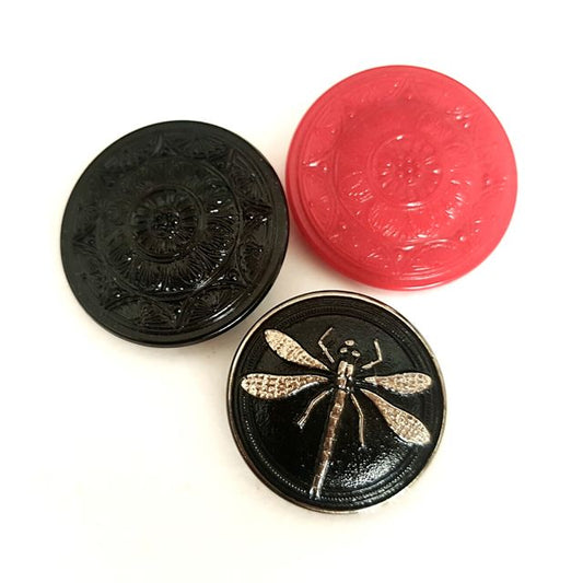 Czech Glass Button Deco Dragonfly Trio Red Black Silver