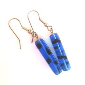 Czech Glass Tube Drop Earrings Animal Print Blue