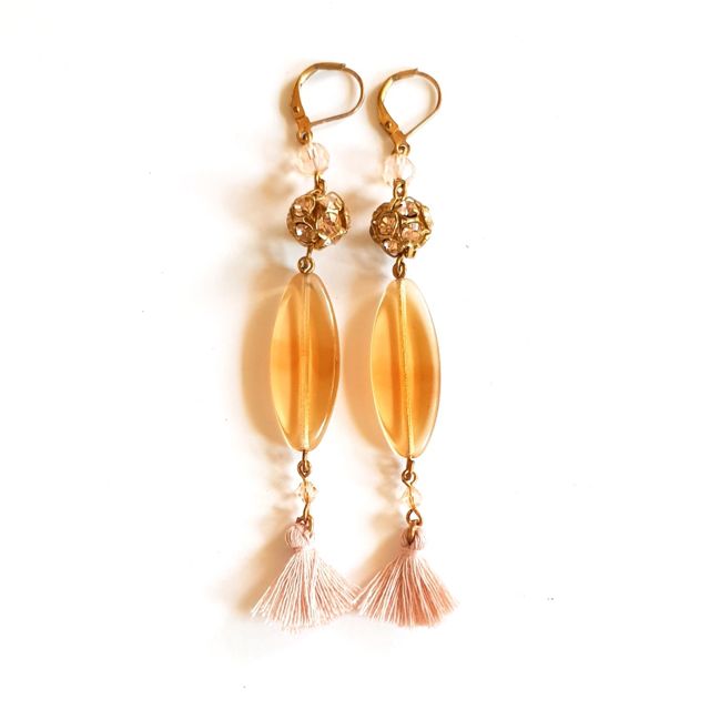 Femme Earring Diamante Petal Tassel Peach