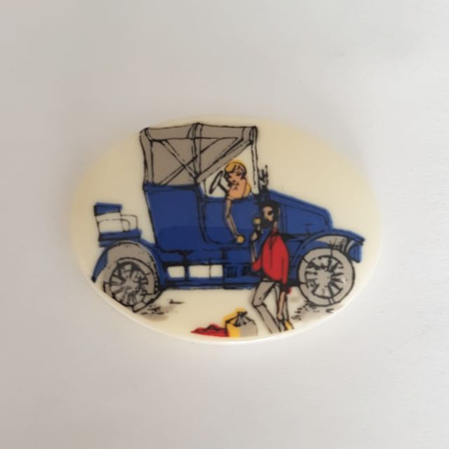 Flatback Plastic Limoges 40x30mm Decal Blue Car Scene